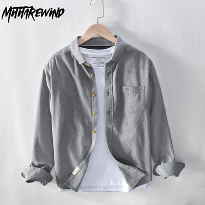 Autumn Men Casual Shirts Korean Simple Style Men Clothing Daily Lapel Collar Long Sleeve Brushed Button Shirt with Pocket