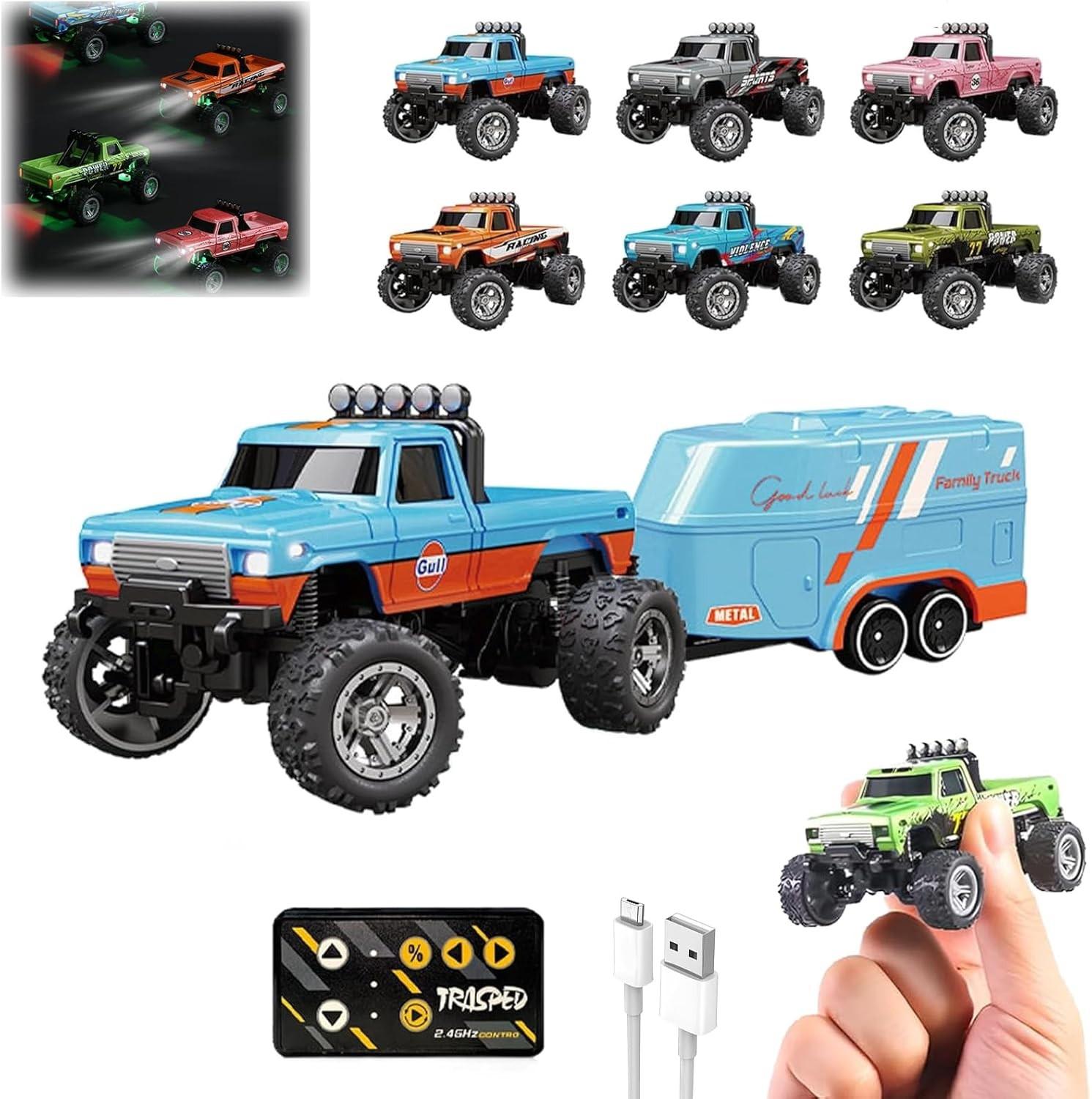 

RC Truck USB-C перезаряжаемый нижний уровень с прицепом, 1:64 масштаба грузовик с дистанционным управлением автомобиль с фарами, 2.4Ghz пульт дистанционного управления One Size шафрановый