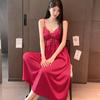 French sexy pajamas women's spring and autumn ice silk long suspender pajamas, two summer pure desire long skirts and robes with chest pads