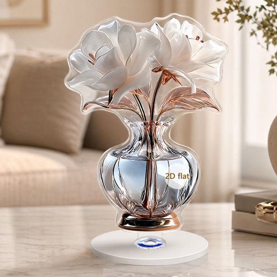 2D Flat Flower Ornament, 360-Degree Rotating Vase Acrylic Ornament with Base, Flower Vase Tabletop Decoration for Home Desk Shelf Decor