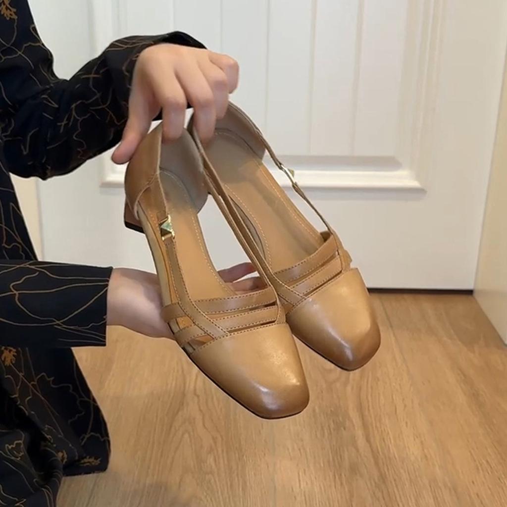 Sheepskin version~ retro hollow shallow mouth breathable sandals women's one foot literary style low heel commuting sheepskin, single shoes