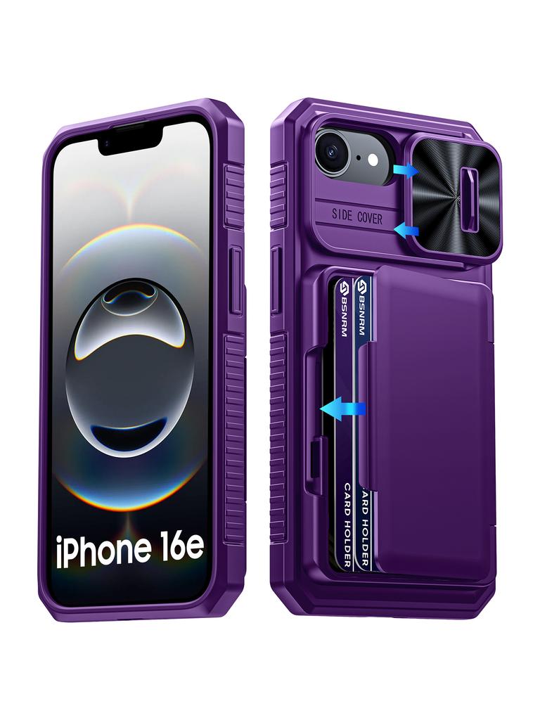 RFID-Blockierende Geldbörsenhülle mit Kartenhalter, ausziehbarer Kameraabdeckung, PC+TPU Schutzhülle für iPhone 16e/iPhone 17e - Schwarz