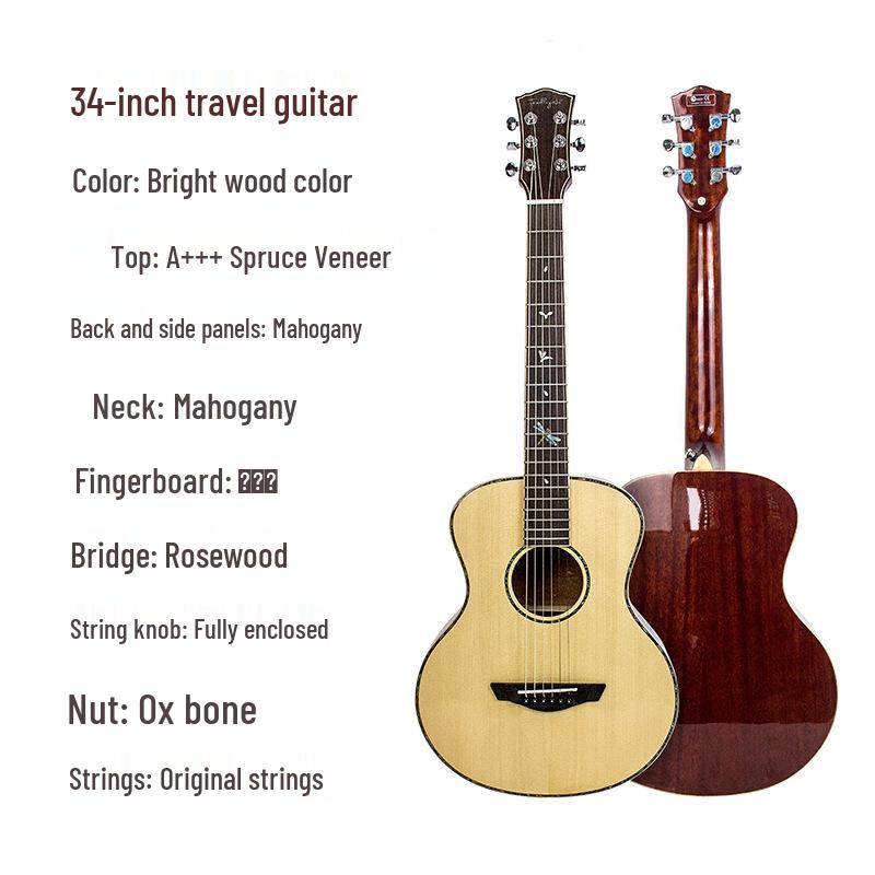 36" Cloud Peach Solid Wood Folk Guitar for Kids, Beginner Travel Guitar