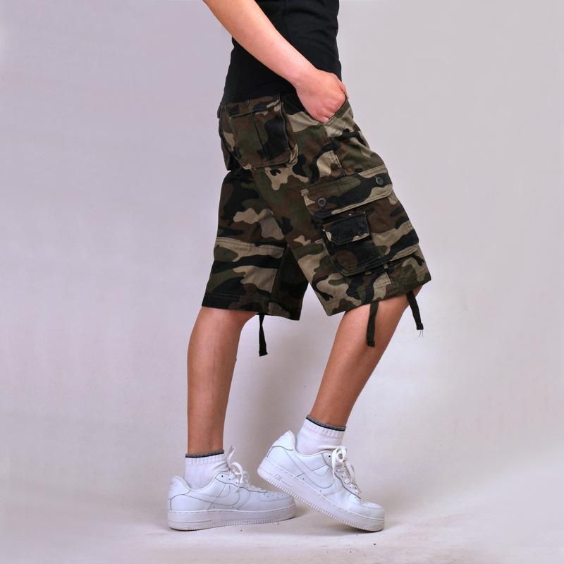 Men solid khaki multi pocket cargo knee shorts loose fit outdoor street casual walking bottoms