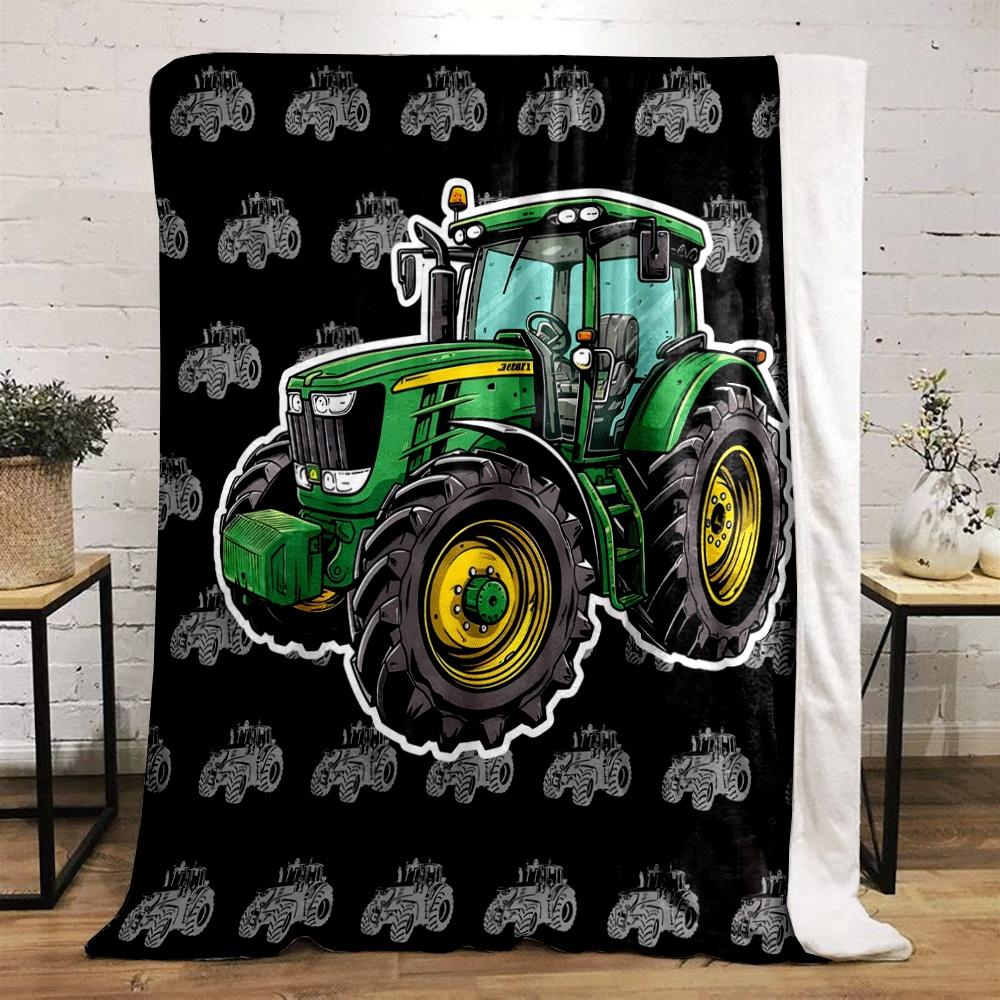 Green Tractor Artwork On a Black Background with Smaller Grey Tractors. for All Seasons Blanket Lunch Break Throw Gift