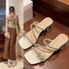 French thick-heeled slippers for women's summer wear 2025 new bow rhinestone temperament high-heeled crystal sandals for women