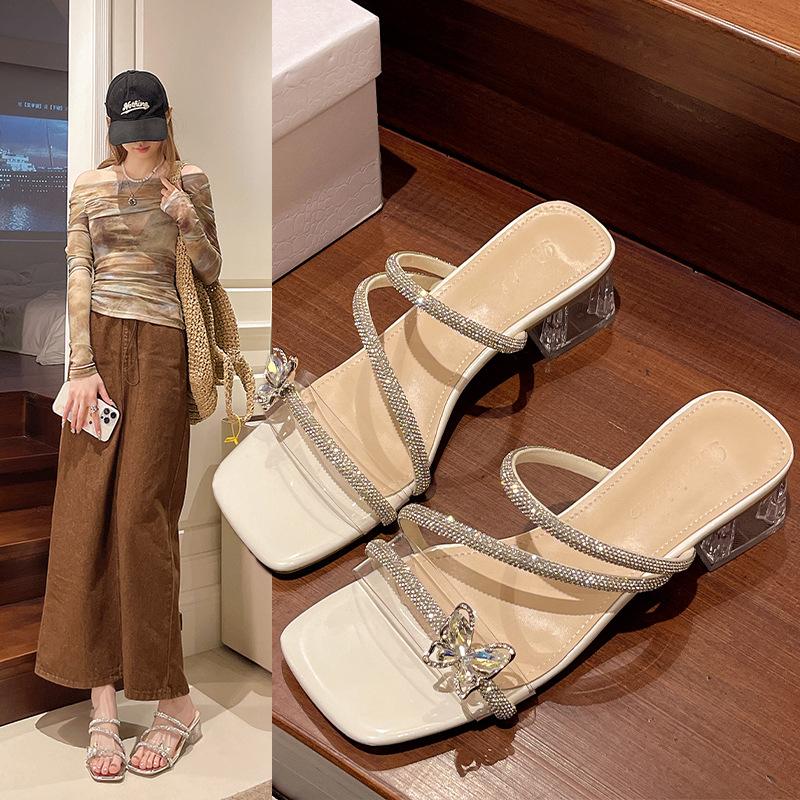 French thick-heeled slippers for women's summer wear 2025 new bow rhinestone temperament high-heeled crystal sandals for women