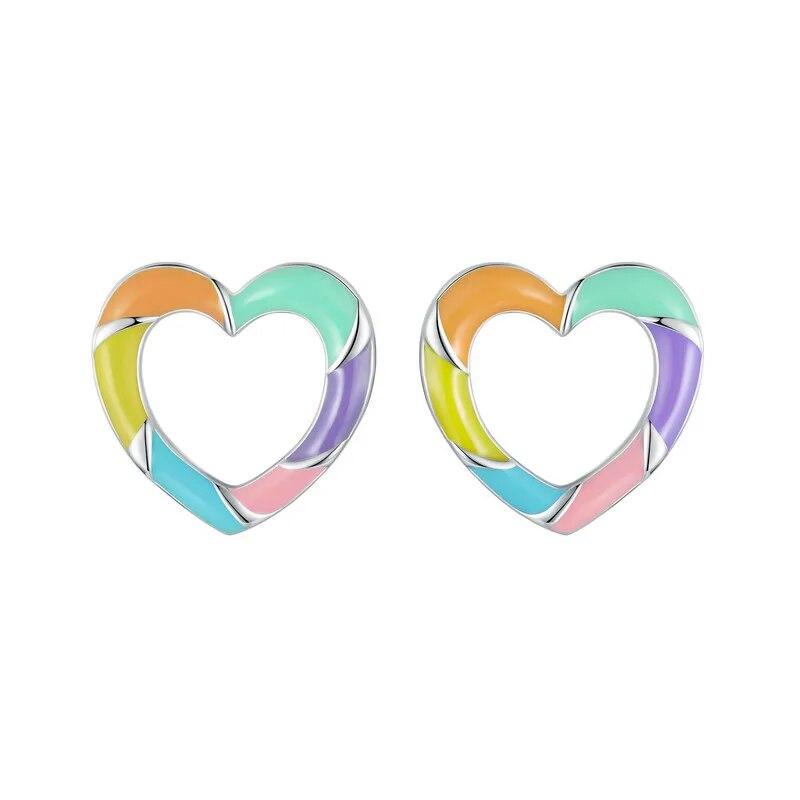 BAMOER 925 Sterling Silver Rainbow Heart Hoop Earrings Cute Dainty Candy Jewelry for Women Girls