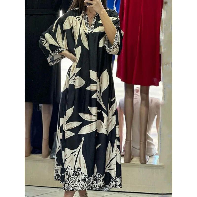 European and American Women clothes V-neck Print Loose Casual Long sleeve dress Printed Loose Casual Casual Dress