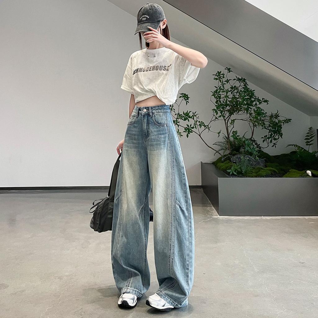 Spring Summer High Street Light Blue Hide Figure Y2K Floor Saber Cut Denim Pants For Women Casual Pants Oversize Denim Trousers