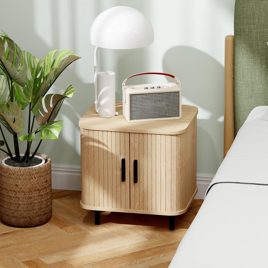 Nightstand with Louvered Doors and Steel Legs, for Bedroom and Living Room, Oak
