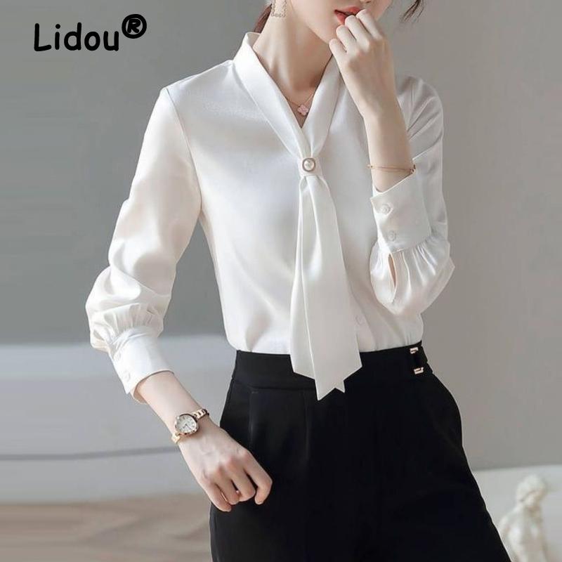 Korean Elegant Office Lady Shirt Spring Autumn Women Bow Chic Temperament Long Sleeve Loose Blouse Tops Blusas Mujer