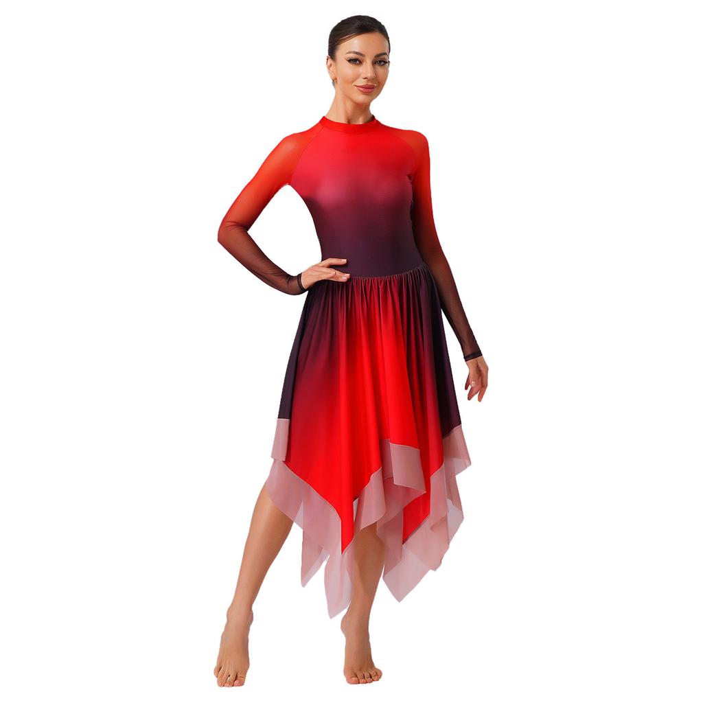 Womens Lyrical Dance Gradient Dress Mesh Long Sleeve Irregular Hem Back Keyhole Leotard Figure Skating Modern Costume