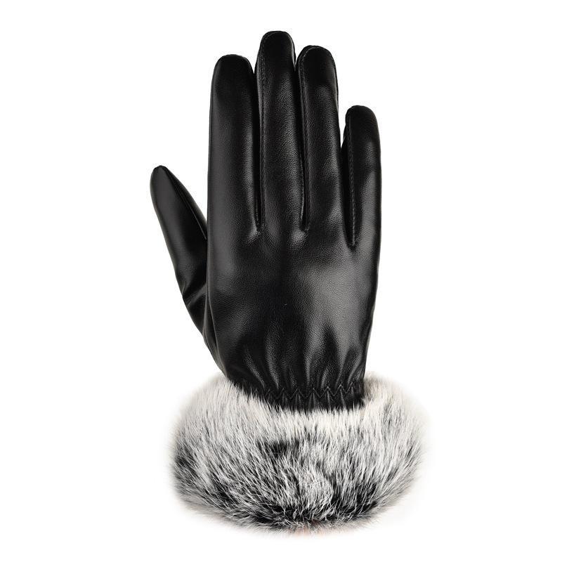 Autumn and winter women's thermal gloves PU leather velvet thermal versatile driving rabbit fur mouth touch screen gloves