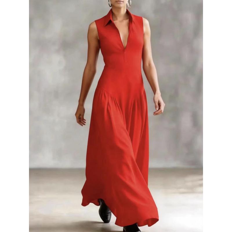 Elegant Black V-Neck Sleeveless Maxi Dress with Cinched Waist, Perfect for Work and Evening Events