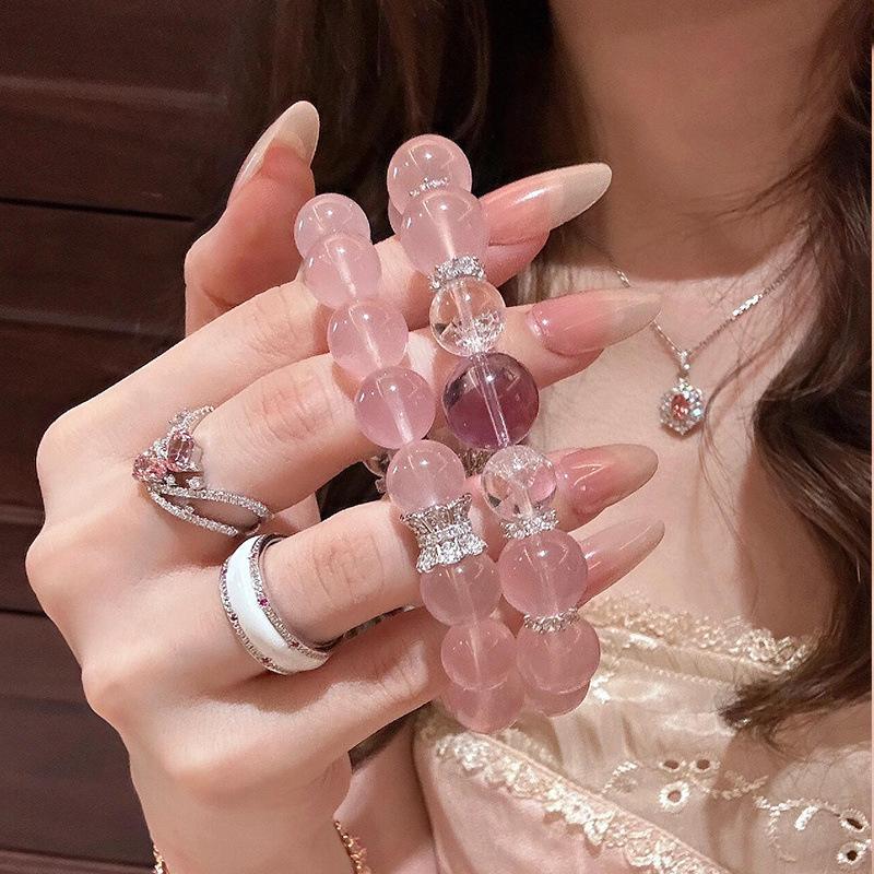 Pink Amethyst & Peach Blossom Crystal Bracelet with Translucent Horse Hair - Women's Lucky Gift