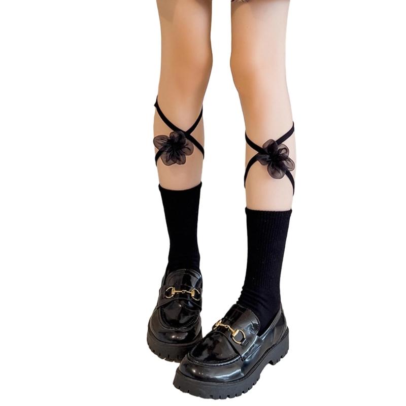 Women's Cotton Crew Socks Cross Bandage Calf Socks Sweet Cute Ankle Socks Lolitas JK Students Girls Knee Socks Hosiery
