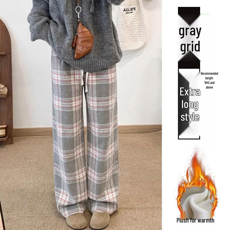 Women's High-End Retro Plaid Velvet Pants: Loose, Slimming Straight-Leg, Casual Wide-Leg Long Pants