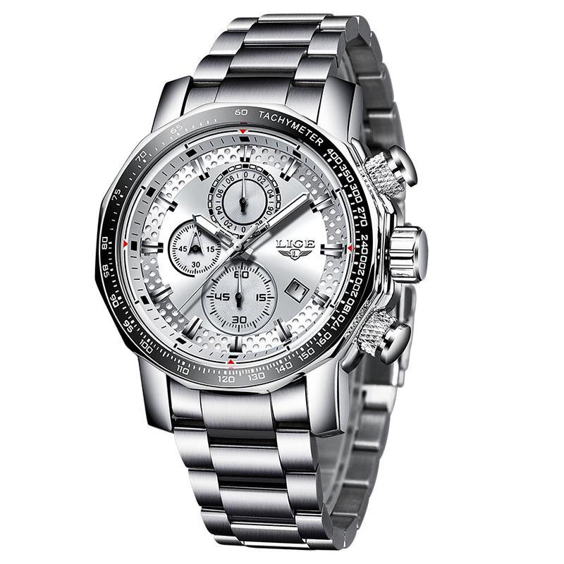 LIGE Mens Watch 6 Hands Multifunction Quartz Wristwatch Waterproof Calendar Steel Band Business Casual Watches for Men Silver