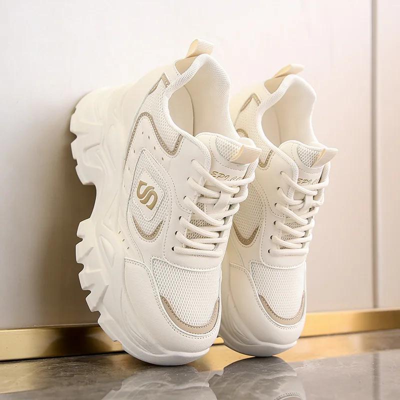 2024 New Spring Autumn Versatile Thick Bottom Height Increase 8CM Travel and Leisure Shoes Mesh Breathable Sports Shoes Sneakers
