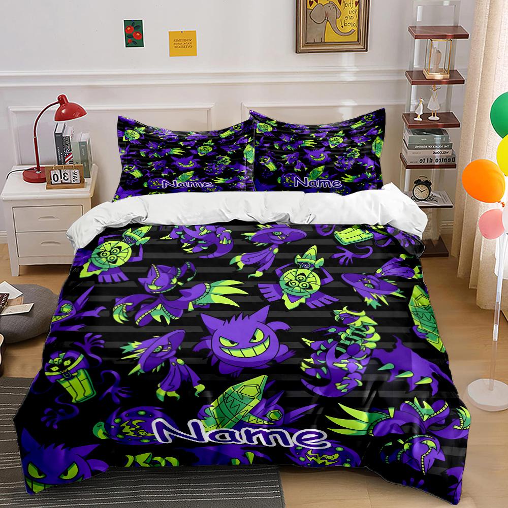 

3PC Custom Name Pokemon Gengar Print Bedding Set Duvet Cover 1 Duvet Cover 2 Pillowcases Adult and Children Bedding Set Luxury 135x200cm