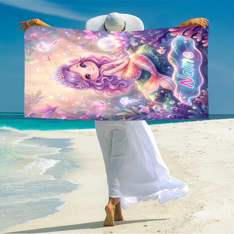 1PC Custom Name Mermaid Dreams Underwater Beach Towel Highly Absorbent And Sand-Resistant Towel for Swimming, Pool, Yoga, And Travel Lightweight