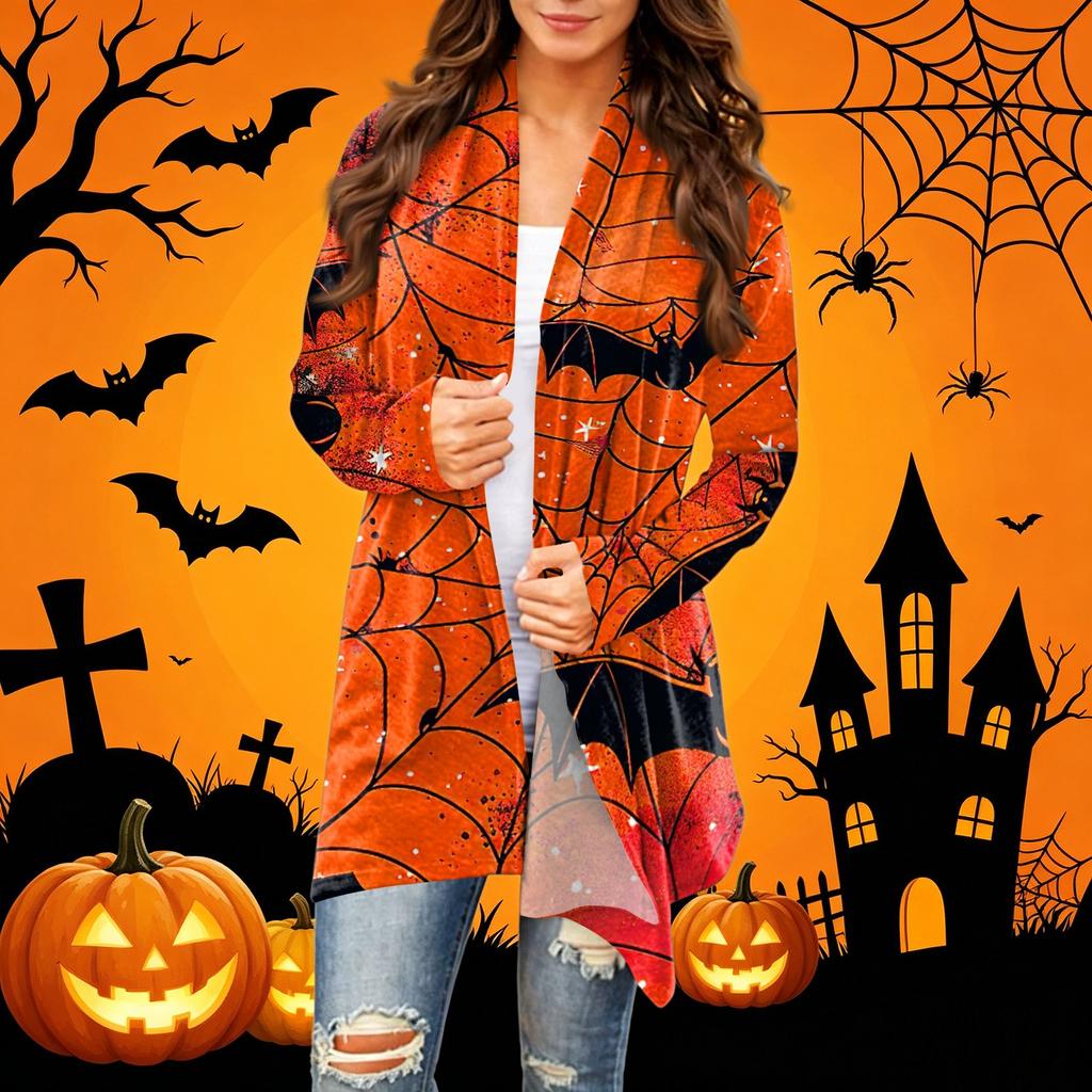Women's Casual Halloween Printed Long Sleeve Mid-Length Cardigan Jacket for Fall