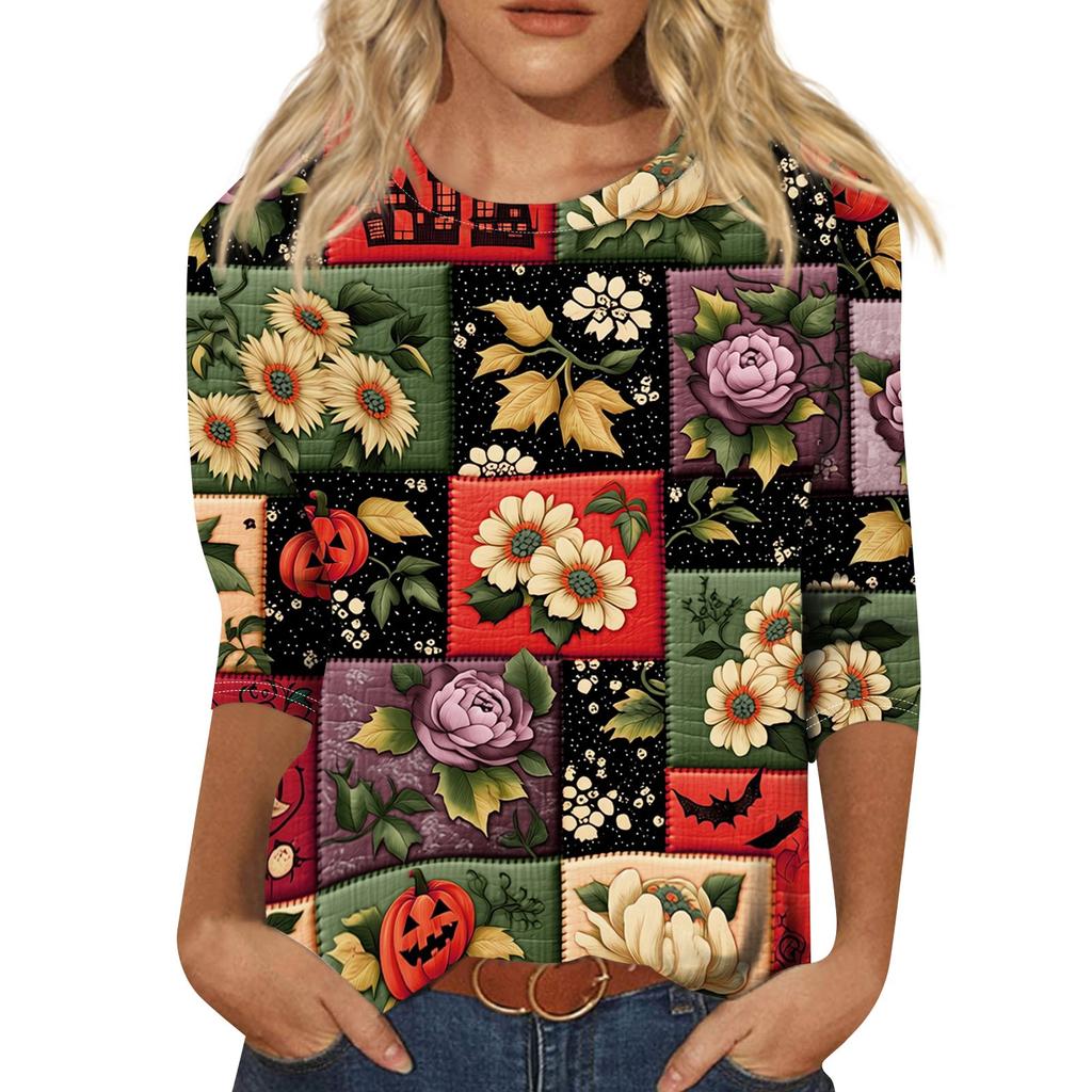 Womens Casual Halloween Print Crewneck Three Quarter Sleeve T Shirt Top Loose Fit Soft Material Comfortable Style