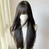 Schwarze Perücke mit Pony Lang Glattes Haar Koteletten Japanische JK Schwarze Lolita Simulationshaar Stirnband Perücken