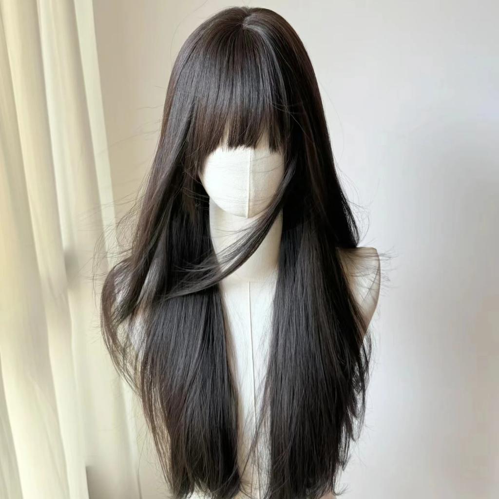 Schwarze Perücke mit Pony Lang Glattes Haar Koteletten Japanische JK Schwarze Lolita Simulationshaar Stirnband Perücken