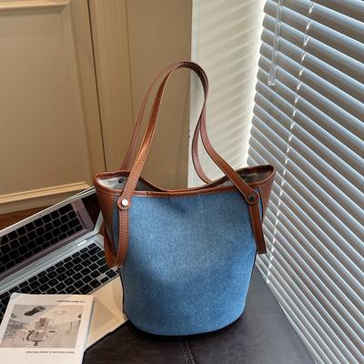New Korean Style Patchwork Shoulder Bag Large Capacity Denim Tote Handbag for Women Fashiable and Versatile Commuting Bag