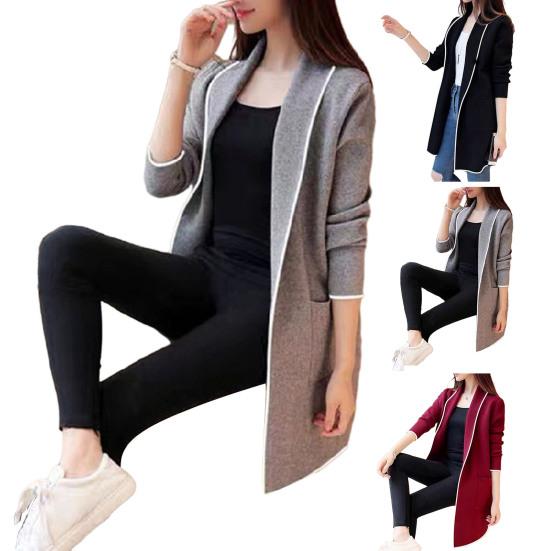 Women Fall Winter Jacket Open Stitch Cardigan Long Sleeve Mid Length Solid Color Loose Pockets Lapel Lady Warm Coat