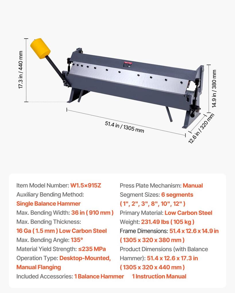Box and Pan Brake, 910 mm/36 inch Sheet Metal Bending Brake,16-Gauge Mild Steel Capacity, 0-135 Degree Adjustable, Metal Bender Machine with 6