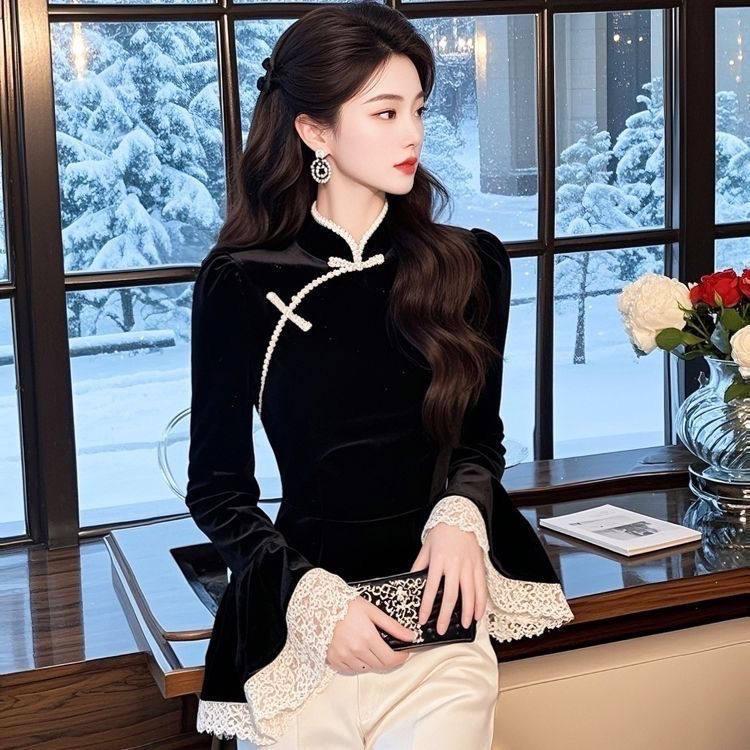 Exquisite Purple Velvet Top with Lace Trim - Women s Luxe French Style for Early Spring 2026 XL чёрный