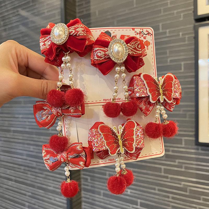 

New Year Pearl Rhinestone Bow Hair Clips - Red Pompom Hanfu Style for Kids