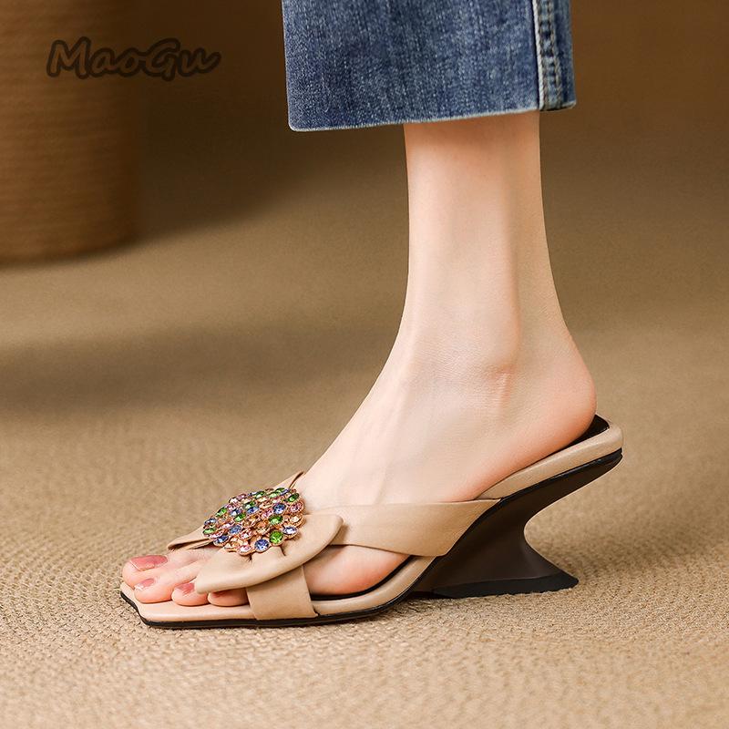 Fashion French Vacation Style High-heeled Slippers for Women Wearing Summer New Rhinestone Bow Wedge Sandals Sandalias De Mujer