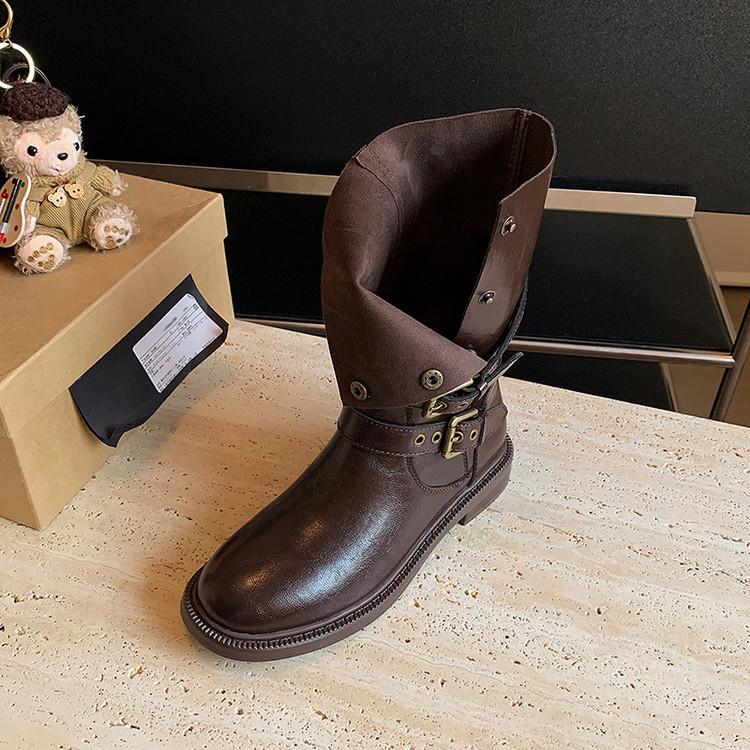 

Spice Girl Wastestyle Belt Buckle Western Boots Women s Fold Pile Boots 2025 New Knight Boots Vintage Martin Boots 39 темно-коричневого