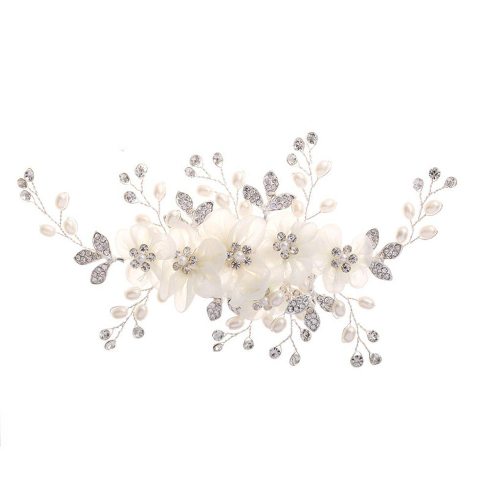 White Silk Flower Women Hair Pins Pearl Crystal Bride Tiara  Hair Accessories Jewelry