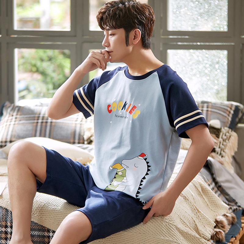 Bărbați de vară din bumbac cu mânecă scurtă, pantaloni scurți, Teen Loungewear, desene animate, pulover, tricou, pantaloni scurți, pijamale, pijamale de casă