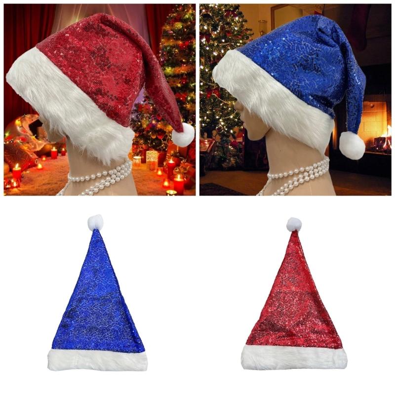 Shimmering Christmas Hat for Adult Kids Santa  Caps with Furry Trim Festival Costume Noel Hat Holiday Sequined Hat
