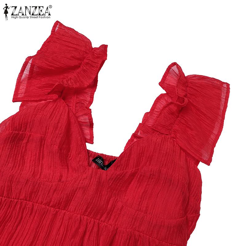 ZANZEA Summer Women Ruffled Sleeveless V Neck Layers Casual Holiday Pleated Dress Sundress