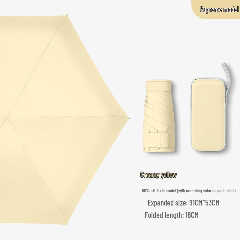 Compact Ultra-Light Six-Fold Capsule Umbrella with Black Glue Sun Protection and Hook