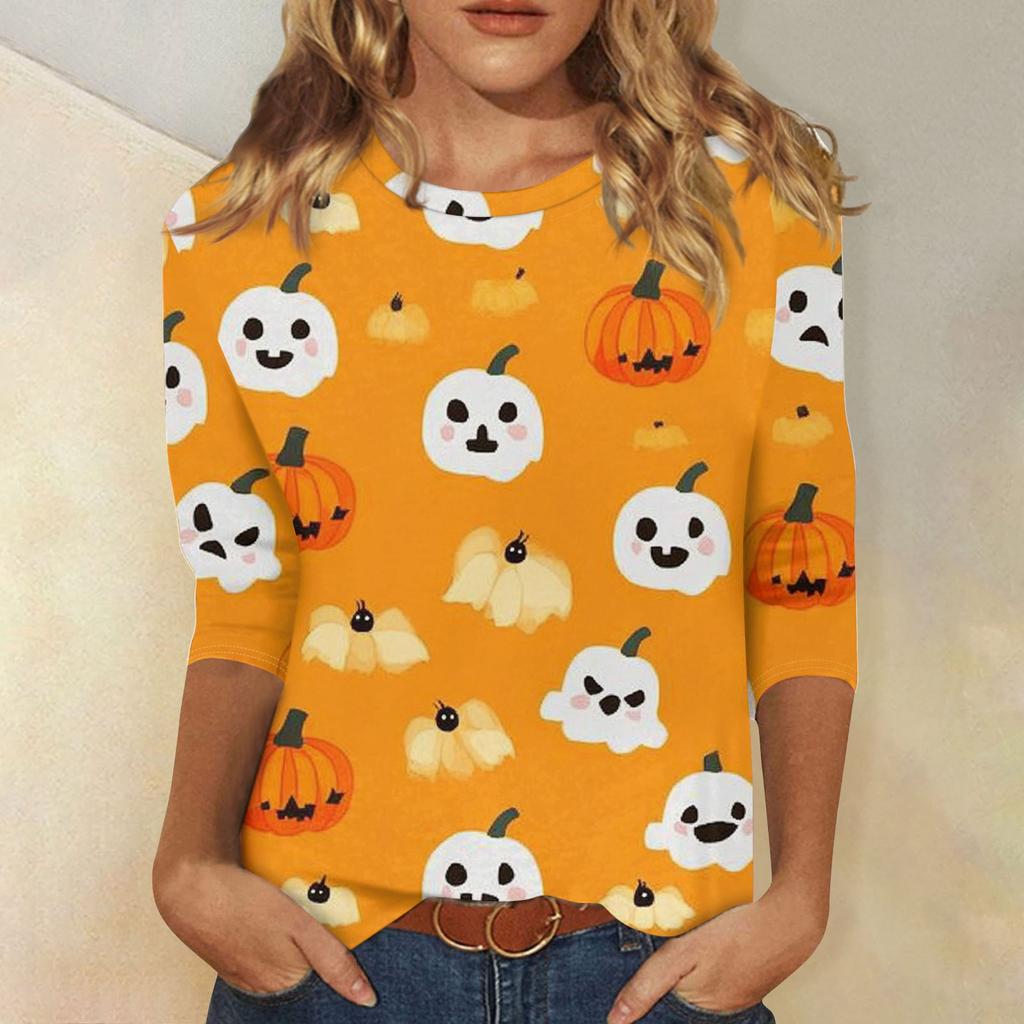Damenmode Lässig Dreiviertelärmel Halloween-Print Rundhals-Top