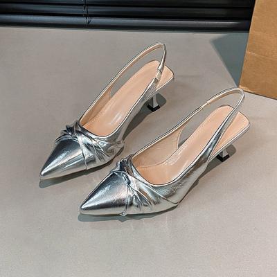 Women's Fashion Pointy Toe Shallow Pleated Set Foot Non-slip Mid-heel Shoes with Summer Bright Face Sandals