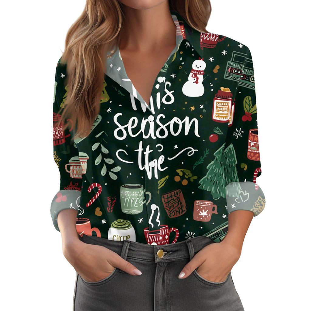 Women's Christmas Print Casual Half-Open Collar Long Sleeve Shirt