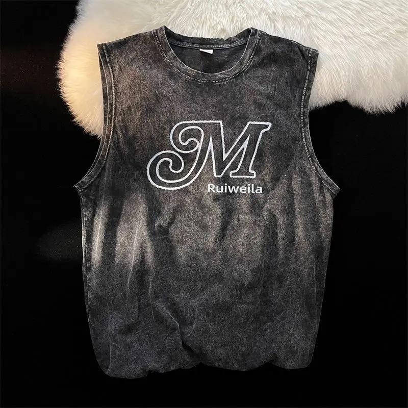 

Уличный велосипедный жилет Американский ретро без рукавов Тренд High Street Потертый состаренный С принтом Мужской жилет Свободный Большого размера 3XL