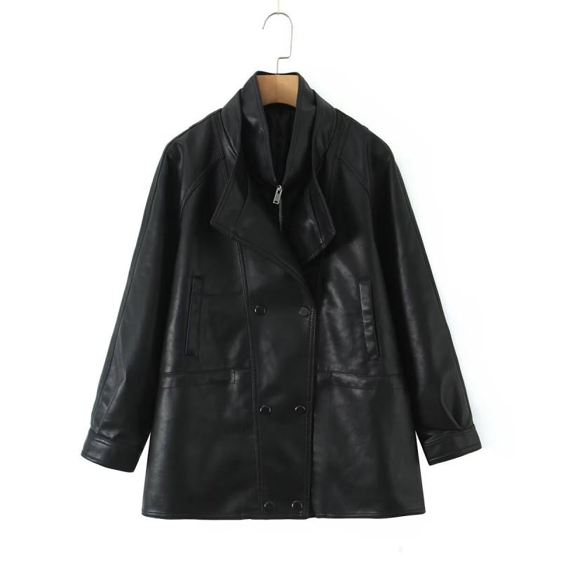 Unisex Double Collar PU Leather Biker Jacket Oversized Streetwear Outerwear Winter