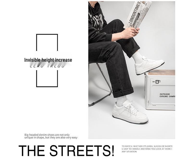 Men's Invisible Lift Casual White Leather Sneakers - Breathable, Soft Sole, Year-Round Wear