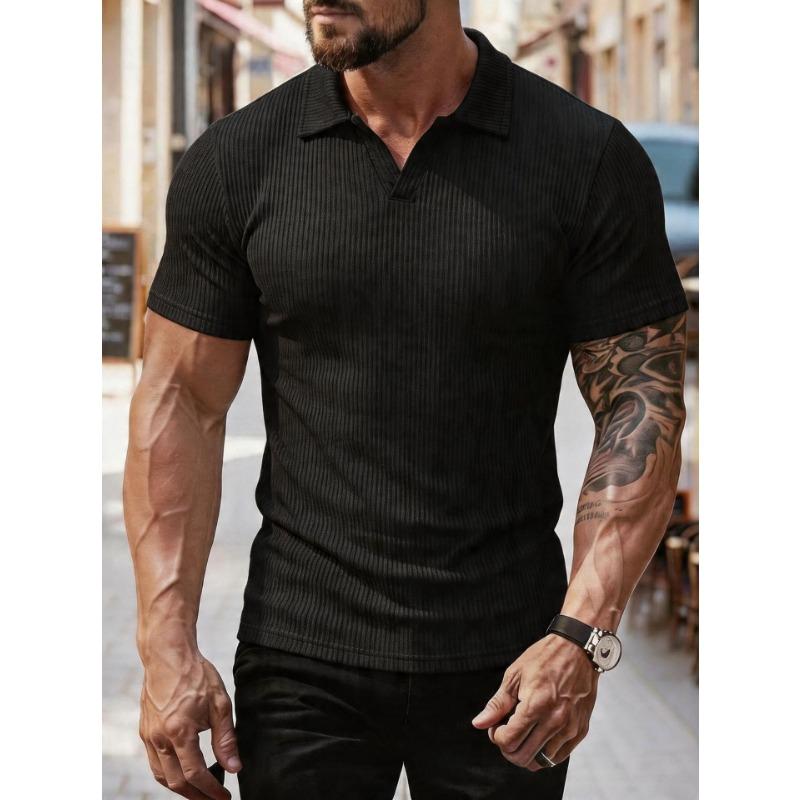 Mens Ribbed Knit V Neck Polo Short Sleeve T Shirt S чёрный