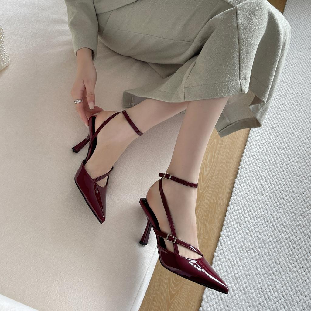 Summer Ladies Pumps Fashion Pointed Toe Ankle Strap Buckle Patent Leather Wine Red High Heeled Sandals Women